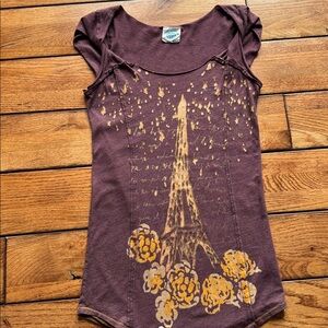 Vintage Free People Purple Graphic Eiffel Tower Graphic Tee XS Y2K USA Made Boho